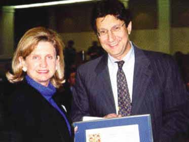 Congresswoman Carolyn Maloney (D-NY) (left) receives an Armenia Tree Project Certificate from the Armenian Assembly of America's Board of  Directors Chairman Van Krikorian (right) for her strong leadership and dedication to Armenian-American issues.