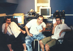 In studio at Dukes Avenue Records, 1. to r., Harout Bozadjian, brother Ara with new CD Hokis Volume Meg and Sasha Farhadian