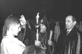 His Holiness Karekin II, Supreme Patriarch and Catholicos of All Armenians, and Armenian President Robert Kocharian participating in the services marking the 1700th anniversary of Armenian Christianity